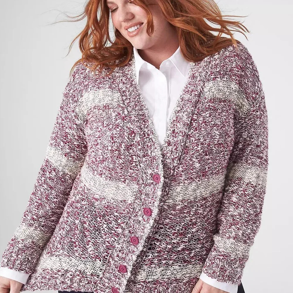 NWOT Lane Bryant Maroon Classic Long-Sleeve Button-Front Cardigan Marl Stripe 1X